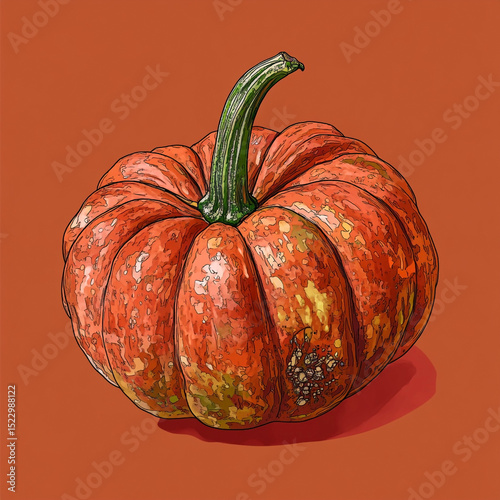 Digital illustration of an organically shaped pumpkin with a green stem set against a warm orange background perfect for autumn season.