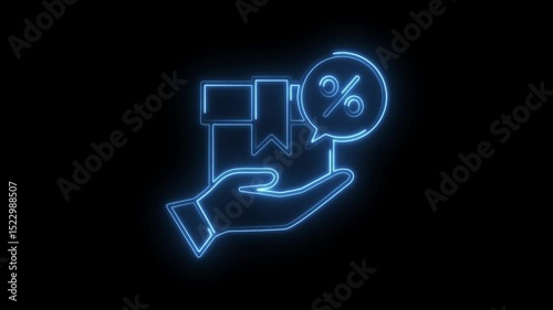 Neon hand holding package with percentage sign for discount and promotion offers