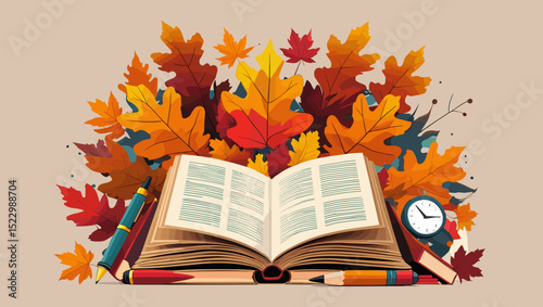 Open book surrounded by autumn leaves, pens, and clock, warm and cozy atmosphere, copy space