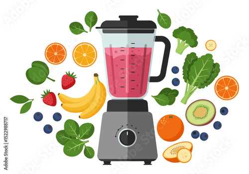 Flat vector of smoothie blender surrounded by fruits and leafy greens