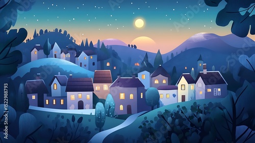 Peaceful village nestled in a hillside at twilight.
