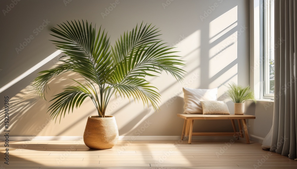 Fototapeta premium elegant indoor palm plant in a modern living space with soft light and shadows