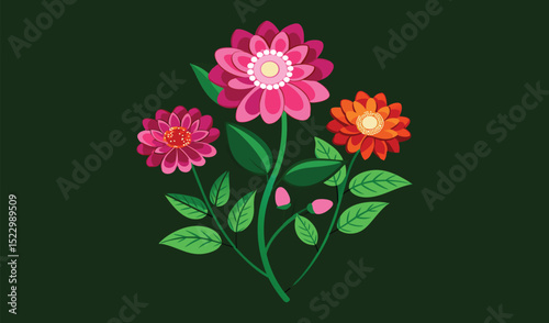 Vibrant floral bouquet illustration dark green background