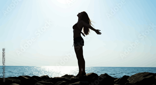 Woman with Outstretched Arms Enjoying Wind and Fresh Air on Rocky Beach - Freedom Serenity