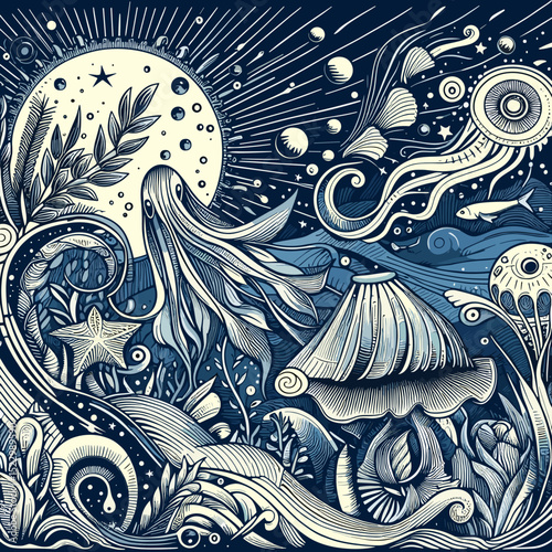 Intricate ocean-themed illustration featuring marine life, waves, and celestial elements, showcasing artistic imagination, copy space