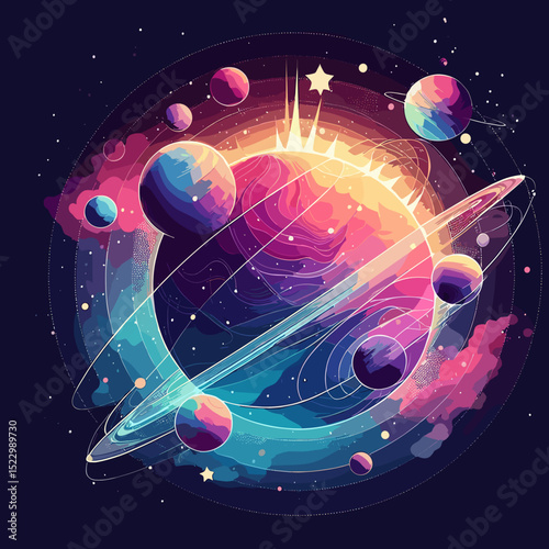 Colorful and vibrant cosmic illustration of planets and rings in a stunning galaxy setting, showcasing the universe's beauty, copy space