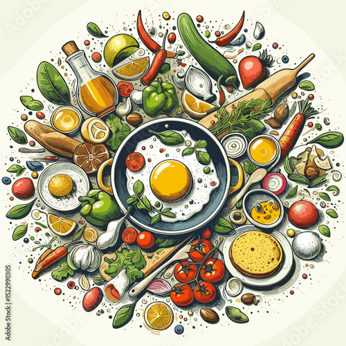 Colorful food illustration featuring a variety of ingredients and a fried egg, showcasing culinary creativity, copy space
