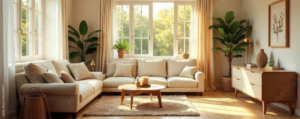Fototapeta premium A cozy, sunlit room with comfortable furniture and soft textures, creating a welcoming and peaceful atmosphere Perfect for home decor, relaxation, and well-being themes , sunlit, decor, minimalist