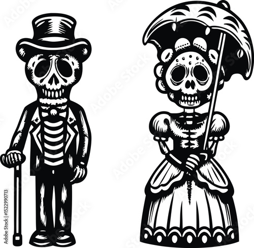 Elegant Sugar Skull Couple in Black and White for Day of the Dead
