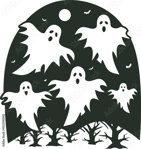 Spooky Halloween Night Scene with Ghosts Bats Moon and Bare Trees Silhouette