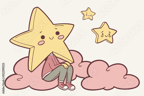 Cute star-headed character sitting on cloud with emotional floating stars