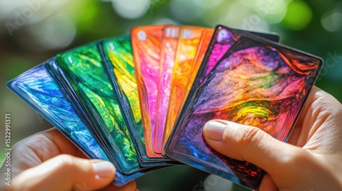 Colorful playing cards fanned out in hands.