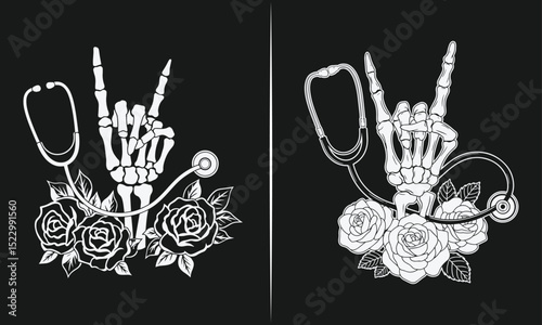 Skeletal Hand Gestures with Stethoscope and Roses – Gothic Medical Design with Rock On and Heart Gesture, Perfect for Healthcare Professionals and Rock Music Lovers