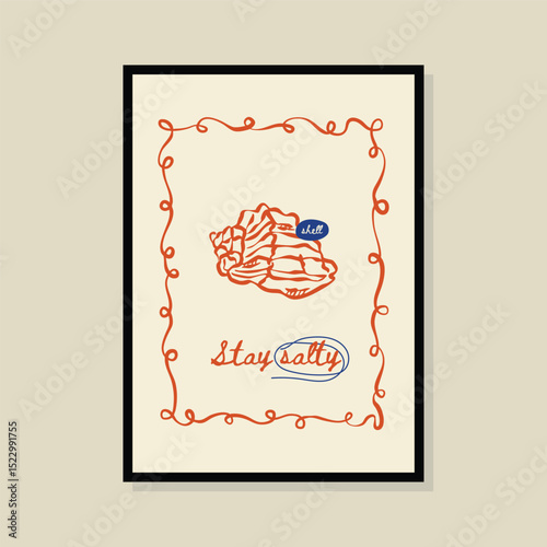 Coastal life sketch style vector illustration in a poster frame. Art for print design, greeting card, postcards, branding, logo design.