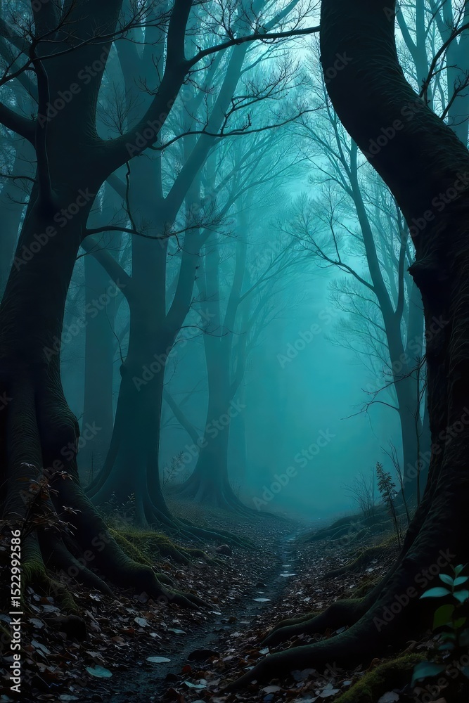 Naklejka premium Dark, ominous forest scene with tangled branches, deep shadows, and a sense of impending danger Perfect for horror, thriller, or suspense projects , night, dark woods, trail