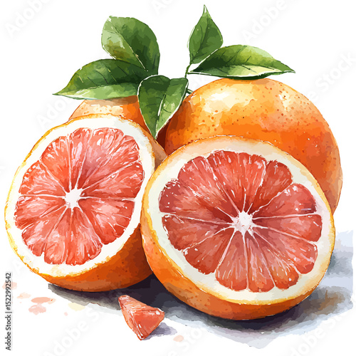 Fresh, ripe grapefruit halves, orange slices, and other healthy citrus fruits with green leaves are isolated on a white background