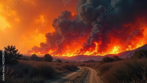 Intense, raging inferno engulfing dry brush, creating a chaotic, fiery landscape Wildfire, extreme heat, destruction, natural disaster, burning, flames, smoke, embers , energy, chaos, danger