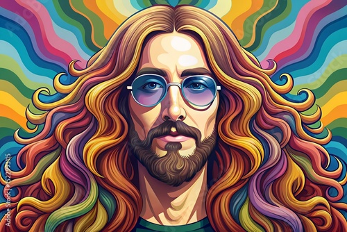 Colorful psychedelic illustration of a man with long flowing hair and glasses, surrounded by vibrant swirling patterns, embodying a retro artistic style and free-spirited vibe