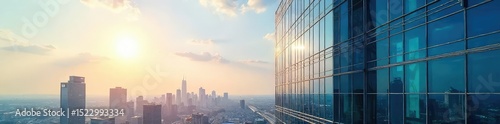 Modern glass skyscraper office building, iconic city landmark, reflecting sunlight, architectural detail, urban skyline backdrop , urban, business, shadows