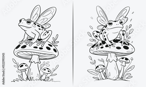 Whimsical Frog with Wings Sitting on a Mushroom: Cute Fantasy Illustration of Nature and Magic
