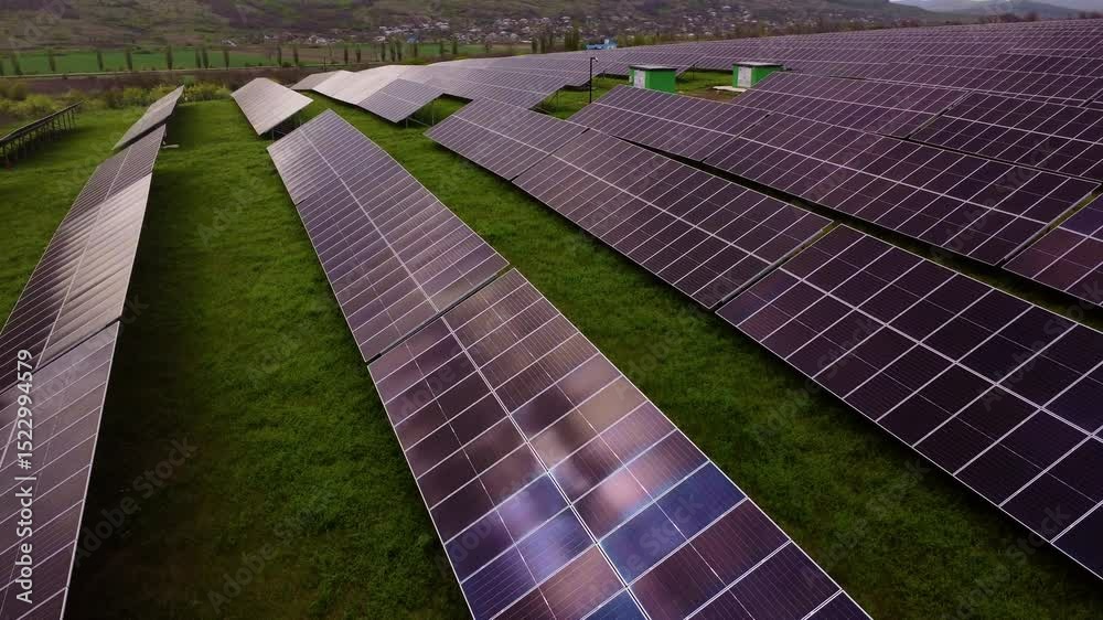 Rows of solar panels capture sunlight in field at sunset