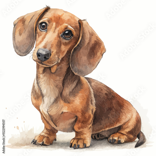 Cute miniature dachshund sitting upright against a watercolor wash background
