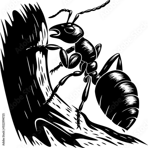 detailed black ant illustration climbing a stylized tree branch