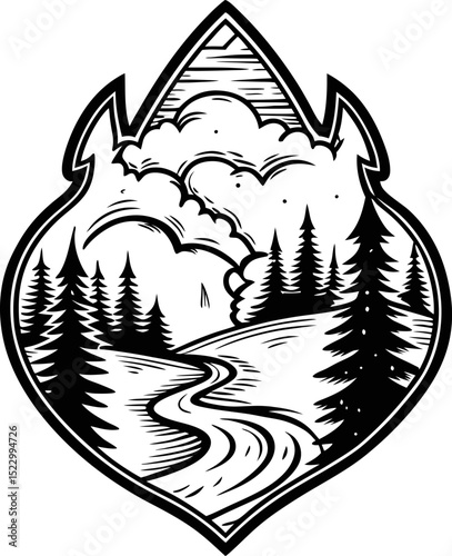 Illustrated wilderness emblem with pine trees, river, clouds, black and white scenic artwork