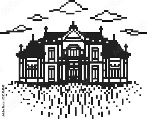 pixel art vintage mansion black and white retro architectural design nostalgic old house pixelated illustration