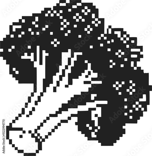 Pixel art broccoli illustration retro vegetable graphic design, monochrome food concept