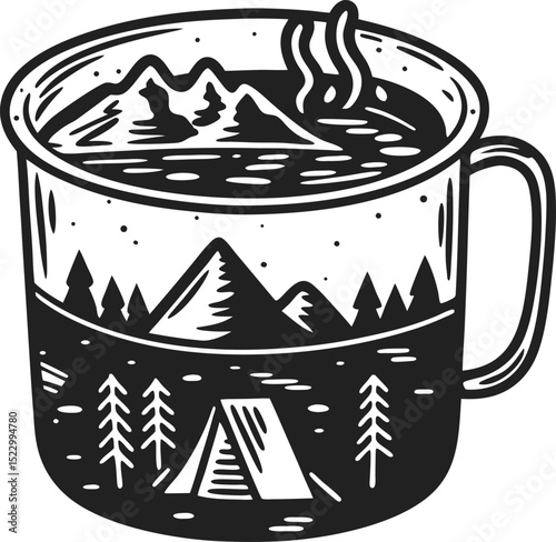 Camping adventure mug design with mountains and tent illustration