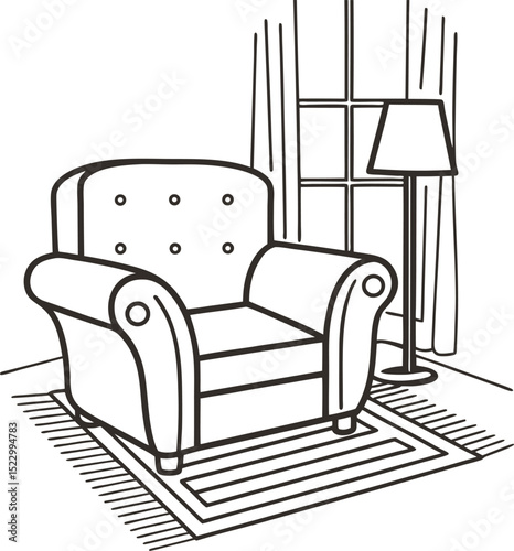 Cozy armchair in living room lamp, rug, and window illustration