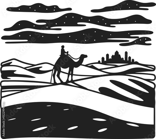 desert silhouette with camel caravan and distant cityscape under starlit sky