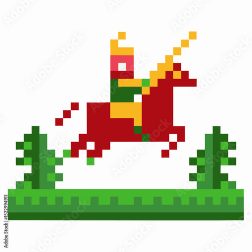 Pixel art knight riding horse with spear, retro gaming graphic