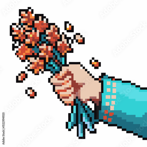 Pixel art bouquet retro 8 bit hand holding flowers, colorful nostalgic digital gift concept