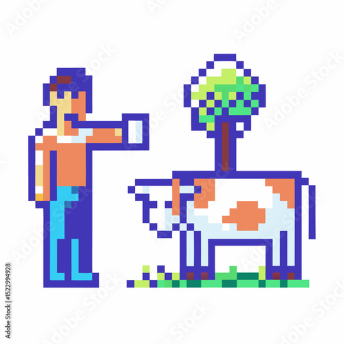 pixel art farmer and cow with tree; retro video game nature and agriculture scene