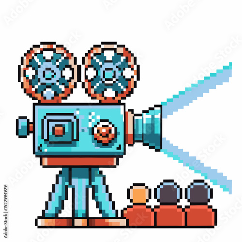 Retro pixel art film camera projector with vintage movie reels
