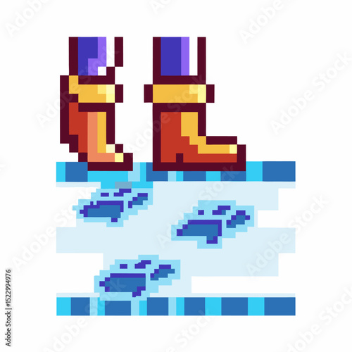 Pixel art rain boots and puddles with footprints, retro