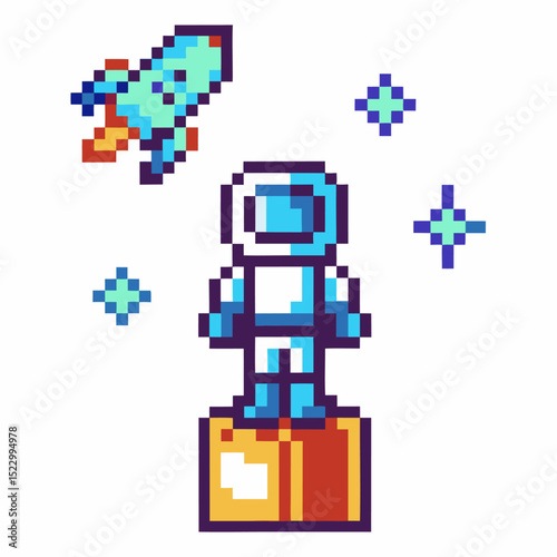 pixel art astronaut on platform, rocket spaceship and stars retro gaming style, space exploration adventure