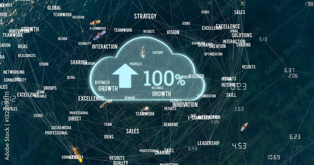 Obraz premium Image of cloud with growing number and network of connections with texts over sea with boats