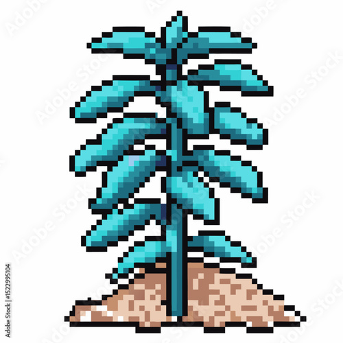 Pixel art plant with blue leaves on sandy soil