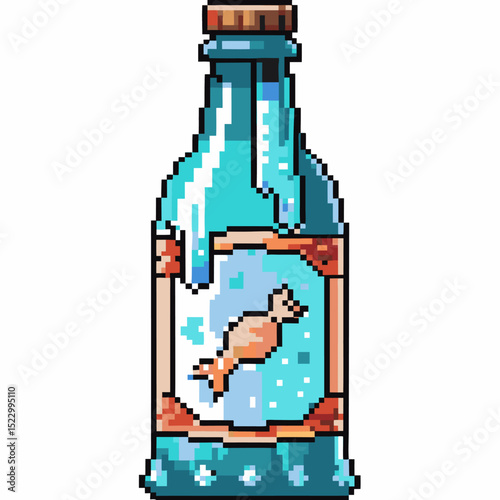 Pixel art potion bottle with mystery fish inside, vibrant colors, vintage fantasy gaming icon