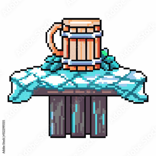 pixel art wooden beer mug on snow covered table with leafy accents in retro