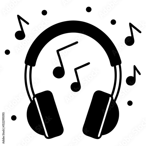 headphones with music notes around on white 