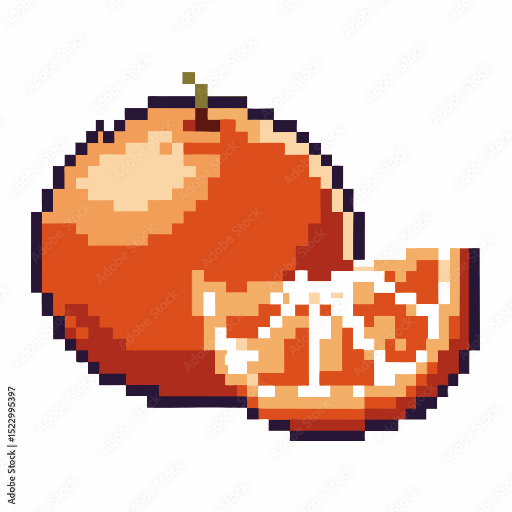 Fototapeta premium Pixel art orange retro fruit illustration orange with slice, pixelated
