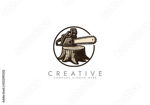 chainsaw logo tool ,Chainsaw and Tree Stump Emblem vector illustration logo design