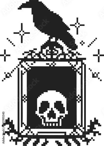 Pixel art raven on frame with skull and stars retro gothic illustration, monochrome digital design
