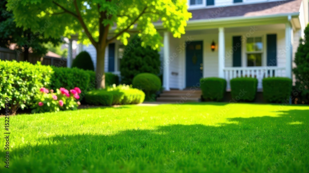 Fototapeta premium Lush Green Lawn in Front of a Charming Suburban Home with Vibrant Flowerbeds