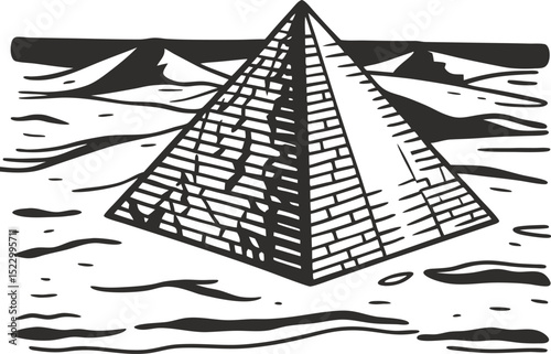 Ancient pyramid in desert landscape, black and white illustration