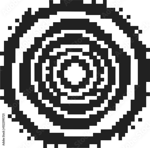 Retro pixel art radial pattern black and white abstract concentric circles